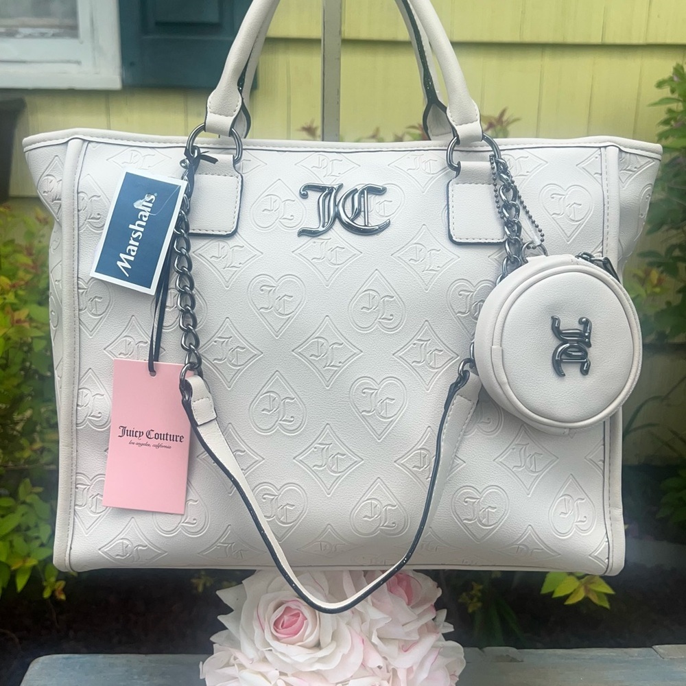 Juicy Couture Good Times Tote with Gun Metal Cream Color Crystal Shoulder Bag